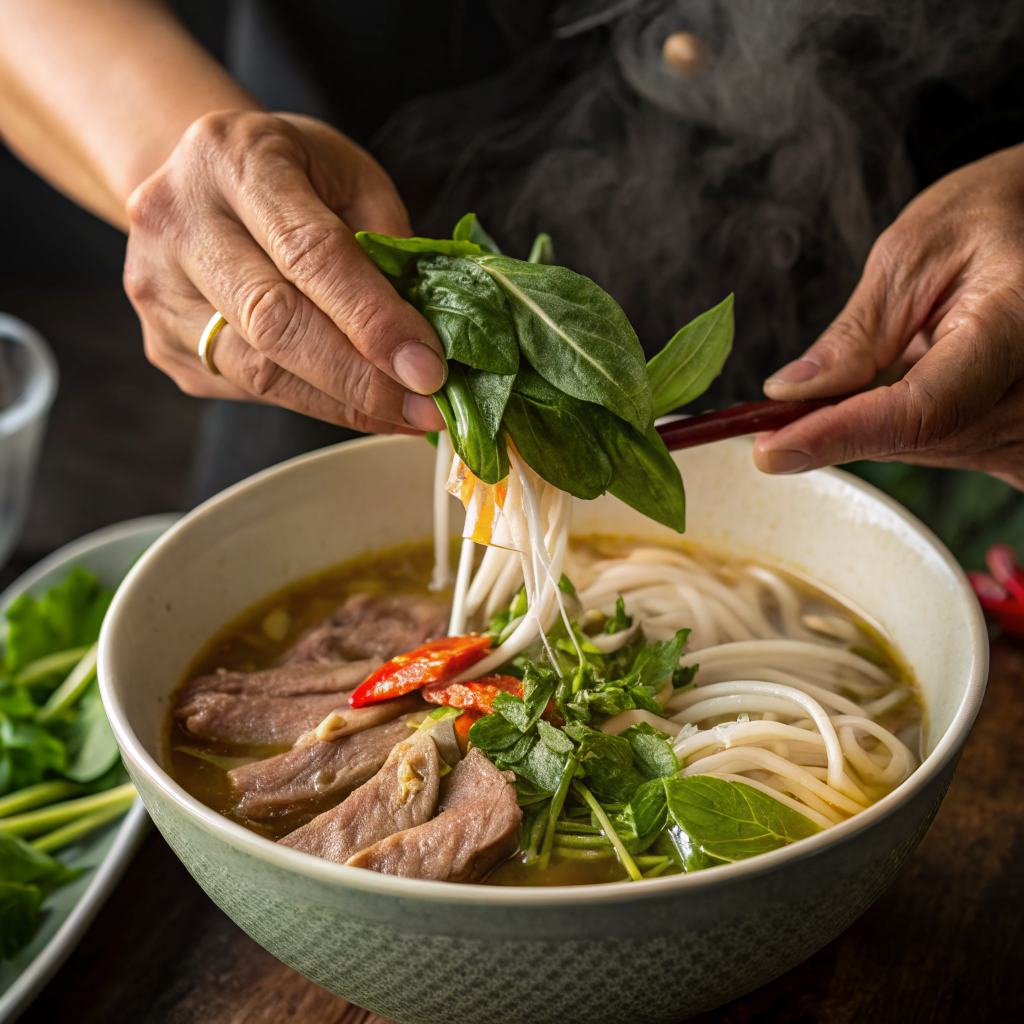 Bát phở bò nóng hổi với rau thơm tươi và sợi phở trắng — biểu tượng ẩm thực Việt Nam