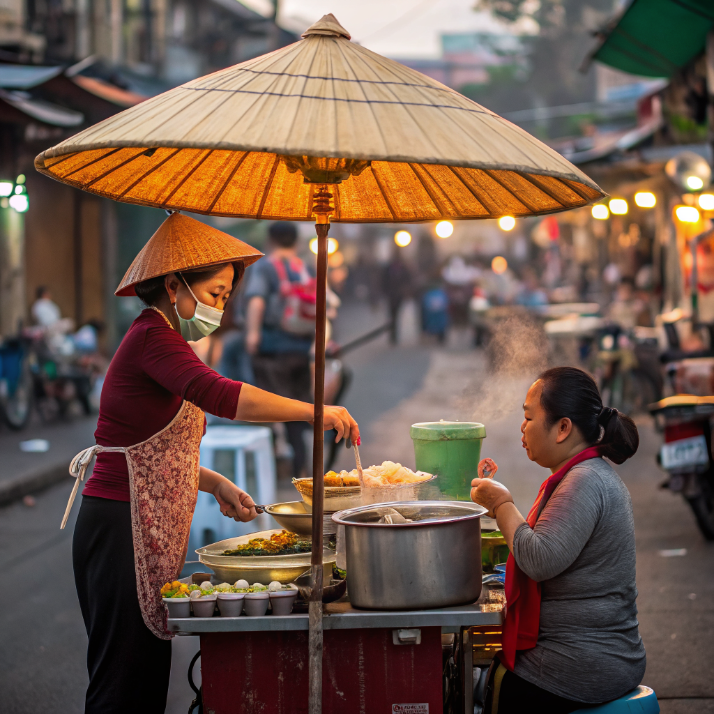 Người bán hàng rong Hà Nội đứng bên gánh phở với chiếc nón lá — hình ảnh đậm chất văn hóa đường phố